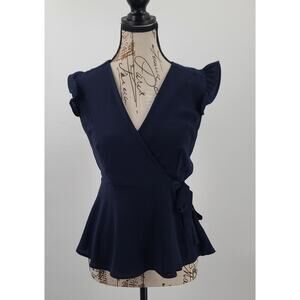 Monteau ladies ruffle cap sleeve faux wrap peplum top blue Size Small office